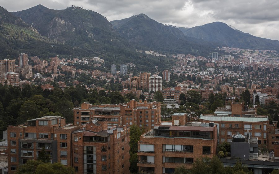 Chapinero Alto, Bogotá — red-brick residential district with the Andes mountains behind